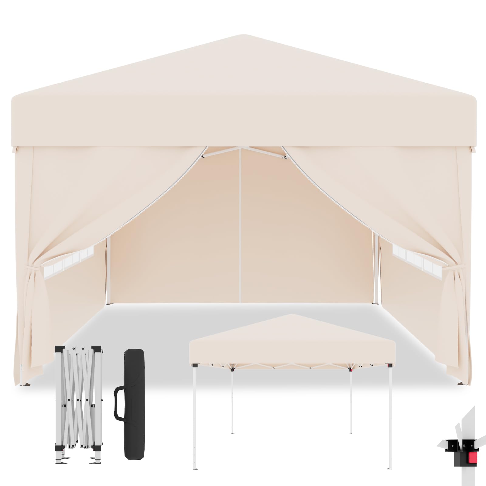 TRIUMPHKEY Carpa Plegable 3x3 Impermeable con Tres Ajustes de Altura, Cenadores para Jardin con 4 Paredes Laterales Desmontables, Carpas para Exteriores para Jardín, Camping, Playa, Beige