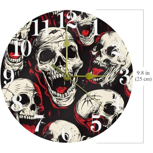 Horloge murale d'Halloween ronde crânes rouges silencieuse pour école et maison