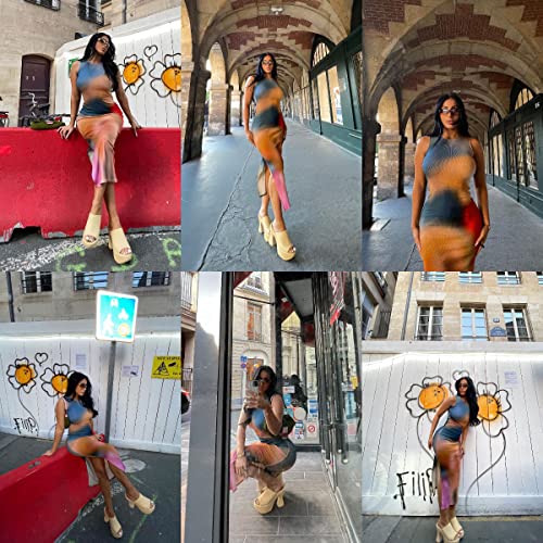 Image of Suillty Women Y2k Tie Dye Tank Dress Sleeveless Bodycon Long Dresses Printed Slim Fit Summer Maxi Dress Sundress
