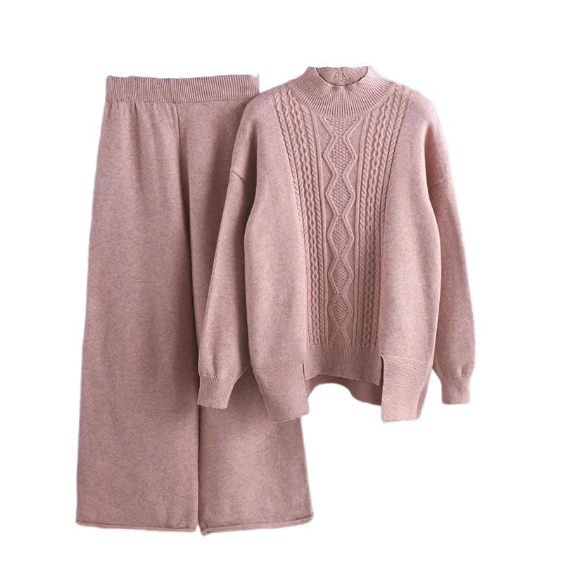 Conjunto de 2 piezas de suéter de punto para mujer con parte superior elástica de cintura alta y pantalones deportivos, Pnnrk, S