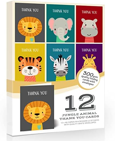 12 x Kids Thank You Cards from Olivia Samuel - Eco Friendly Pack of Jungle Animal Designs with White envelopes