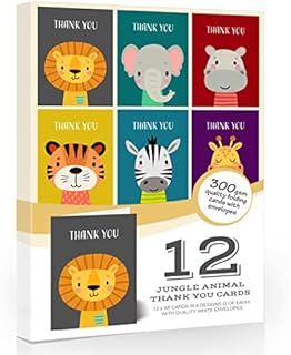 12 x Kids Thank You Cards from Olivia Samuel - Eco Friendly Pack of Jungle Animal Designs with White envelopes