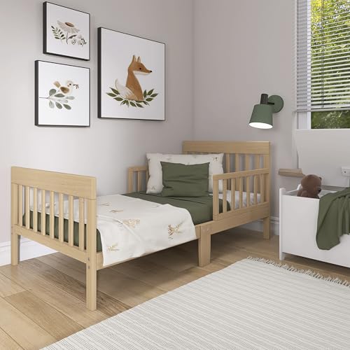 Image of Dream On Me Finn Toddler Bed, GREENGUARD Gold, Pinewood, Vintage White Oak | Low to Floor Bed, 2 Safety Guard Rails, Slatted Wooden Headboard & Footboard 50 Lb Limit, BSA Verified