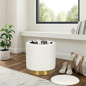 Joveco Round Storage Ottoman with Removable Lid, Boucle Small Upholstered Padded Vanity Foot Rest Stool for Living Room, Bedroom, Dorm, White Joveco Round Storage Ottoman with Removable Lid Boucle Small Upholstered Padded Vanity Foot Rest Stool for Living Room Bedroom Dorm White