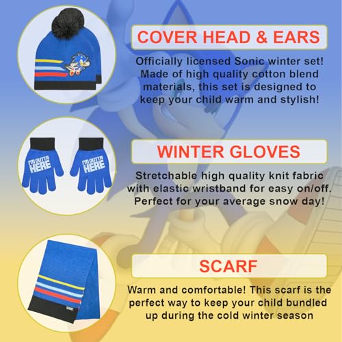 Image of Sonic The Hedgehog Winter Hat and Gloves Set - Blue Sonic Hat for Boys Ages 5-13 - Winter Hat with Scarf and Glove Set