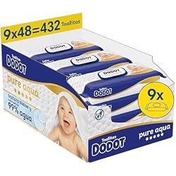 Dodot Pure Aqua Touch Baby Wipes 9 Packs of 48 Count = 432 Wipes, Soft | Smooth texture with lotion and 99% water, gently cleanses and helps restore skin's natural pH
