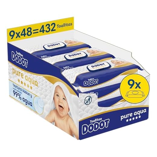 Dodot Toallitas Pure Aqua Para Bebé 9 Paquetes De 48 Unidades = 432 Toallitas, Ayuda a restaurar el pH natural de la piel, 99% agua