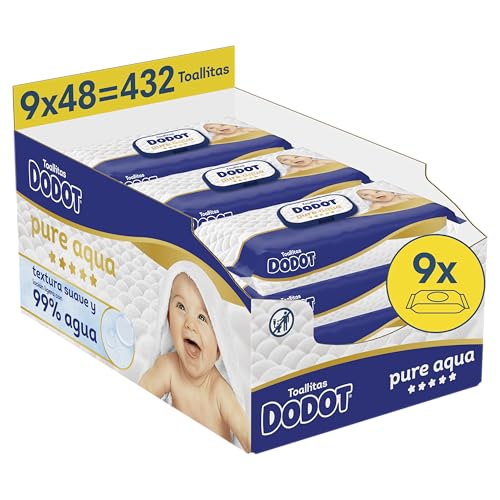 Dodot Pure Aqua Baby Wipes, 432 Wipes (9 Packs of 48 Units), Helps Restore the Natural PH of the Skin, 99% Water, Plastic Free (Packing may vary)