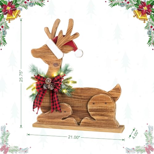 Image of Glitzhome 25.75 inchH Lighted Christmas Reindeer Porch Sign,Chunky Wood Reindeer Porch Decor with Timer,Merry Christmas Welcome Sign for Holiday Party Indoor Outdoor Xmas Decorations