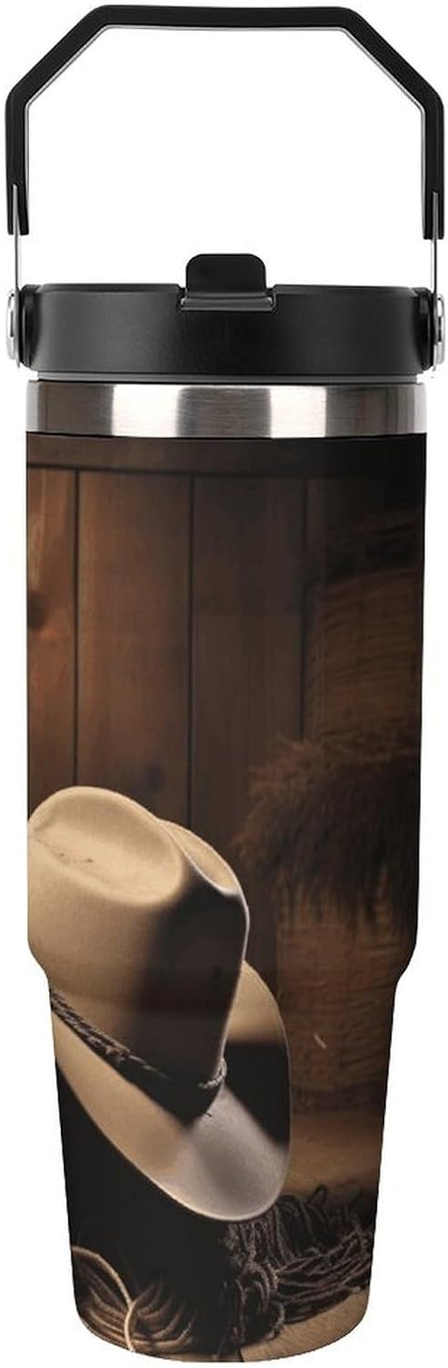 30oz Insulated Tumblers with Top Handle, Stainless Steel Cowboy Black Hat Western Boots Car Cup with Straw for Gift, Leak-Proof Double Wall Vacuum Travel Mug, Personalized Water Bottles Black
