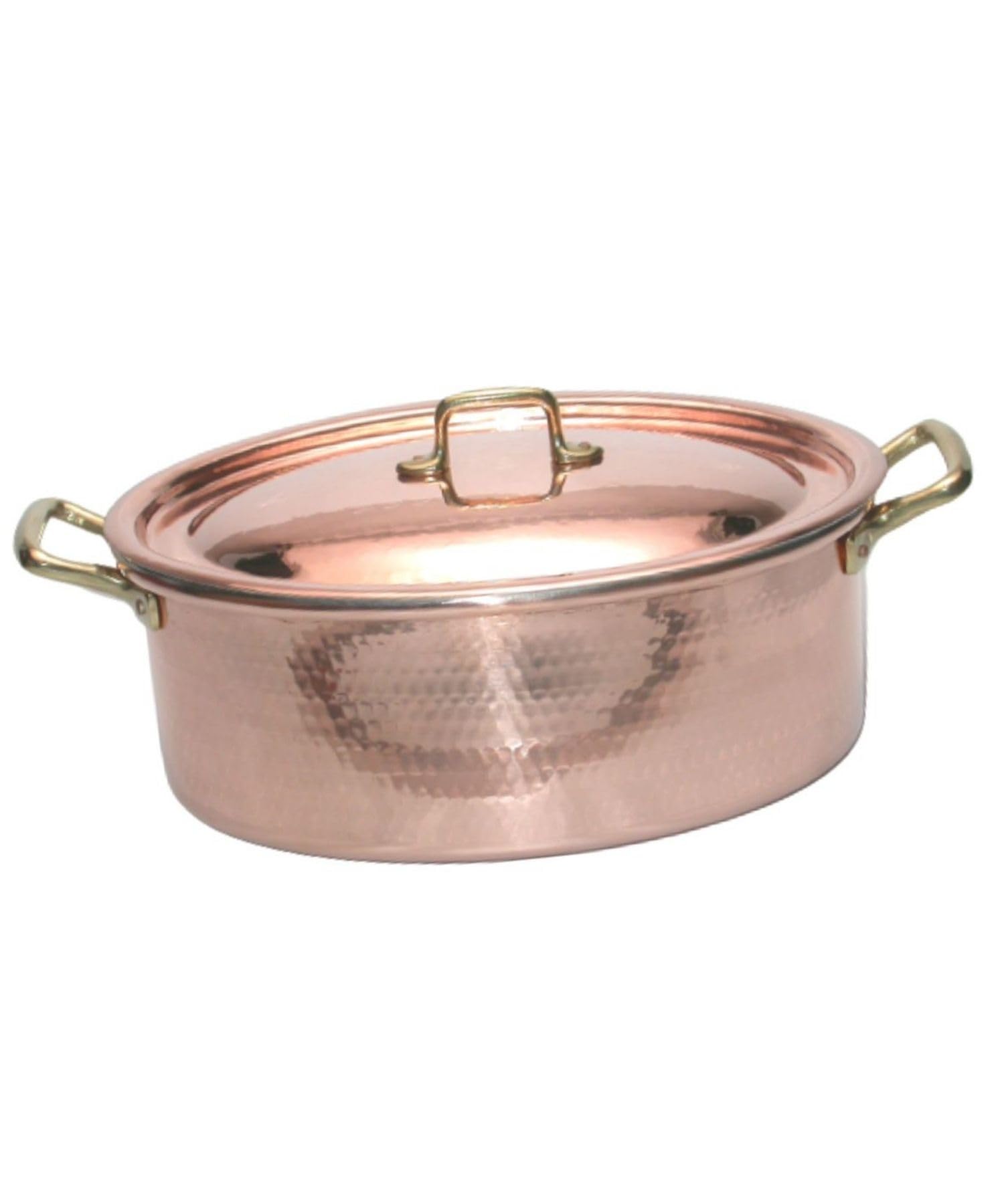 Casseruola Ovale in rame stagnato – Pentola 37 x 26 cm, H 12.5 cm, 2 maniglie in ottone 4 cm, con Coperchio, Pirofila da forno, Rostiera 100% Made in Italy – Fatto a mano