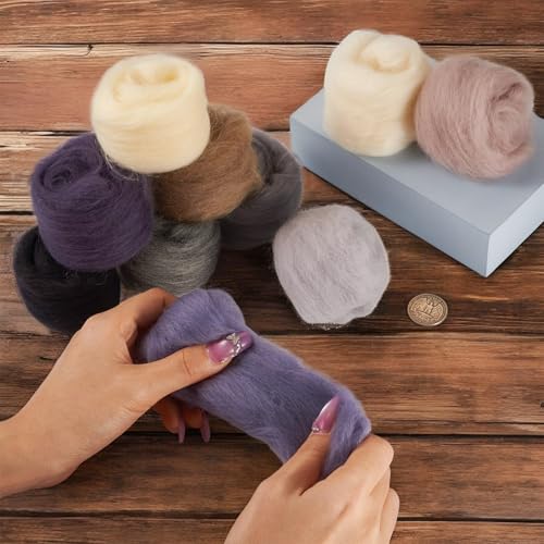 Image of Magibeasd 1.76 oz Wool Roving for Needle Felting Nature Wool Yarn Kit Variety Black Gray for Beginners Felted Crafts DIY Materials Hand Spinning Supplies 10 Colors