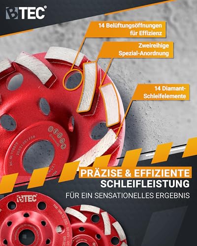 BTEC Twin Speed Extreme Diamant Schleiftopf für Beton, Naturstein, Fliesenkleber, Granit & Mauerwerk, Topfschleifer Ø125mm + Bohrung 22,23mm, Diamantscheibe 125mm doppelreihig mit Spezial-Anordnung