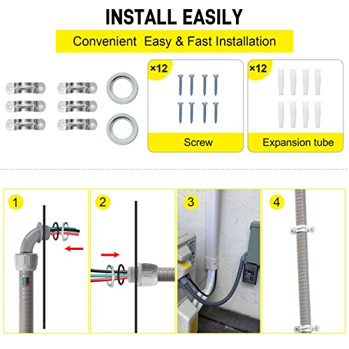Electrical AC Whip Kit,Electrical Conduit1/2inch 6ft Electrical Conduit Kit,Flexible Non Metallic Liquid Tight Electrical Conduit,with 1 Straight and90°fittingsAnd 6 Snaps