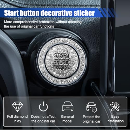 Image of Bling Crystal Car Engine Start Ring Sticker, Sparkling Rhinestone Push Start Button Decorative Cover, Anti-Scratch Key Ignition & Knob Bling Ring Car Interior Accessories for Women (2PCS White)