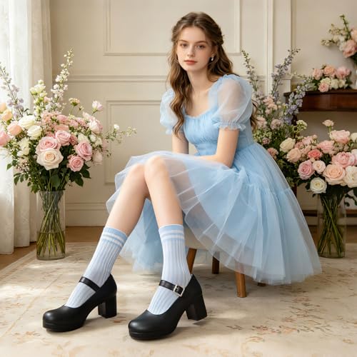 Image of femflame Women's Low Chunky Heel Mary Jane Pumps Ankle Buckle Strap Sweet Round Toe Dress Shoes JK Cosplay Uniform Dress Shoes