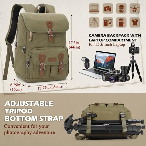Image of RAINSMORE Camera Backpack, DSLR SLR Mirrorless Camera Bag for Photographer | 15.6 Inch Vintage Canvas Camera Case with Laptop Compartment & Tripod Holder & Rain Cover for Sony Canon Nikon Fujifilm Green