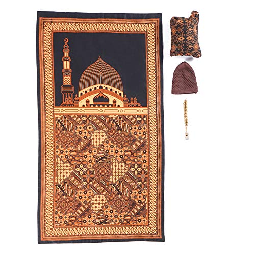 Islamic Prayer Rug - Indonesian Batik Muslim Portable Prayer Mat with Tasbih Prayer Beads and Kufi Hat - Travel Prayer Rug - Pocket Prayer Rug - Prayer Carpet - Sajadah - Salat Rug - Salah Mat