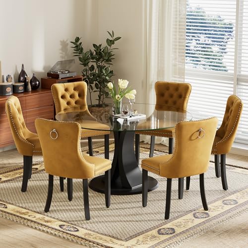 Image of 7-Piece Dining Table Set with 47In Tempered Glass Table and 6 Velvet Upholstered Chairs, Modern Scandinavian Furniture for Dining Room Kitchen(Yellow)