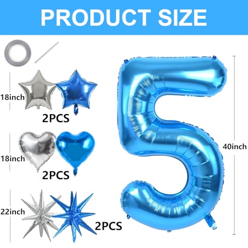 Image of TONIFUL 5th Birthday Balloons Kit 40 Inch Blue Large Number 5 Foil Balloon | with 18Inch Helium Mylar Heart Star Shaped Balloons for Boy Men Birthday Anniversary Graduation New Year Eve Party Decoration