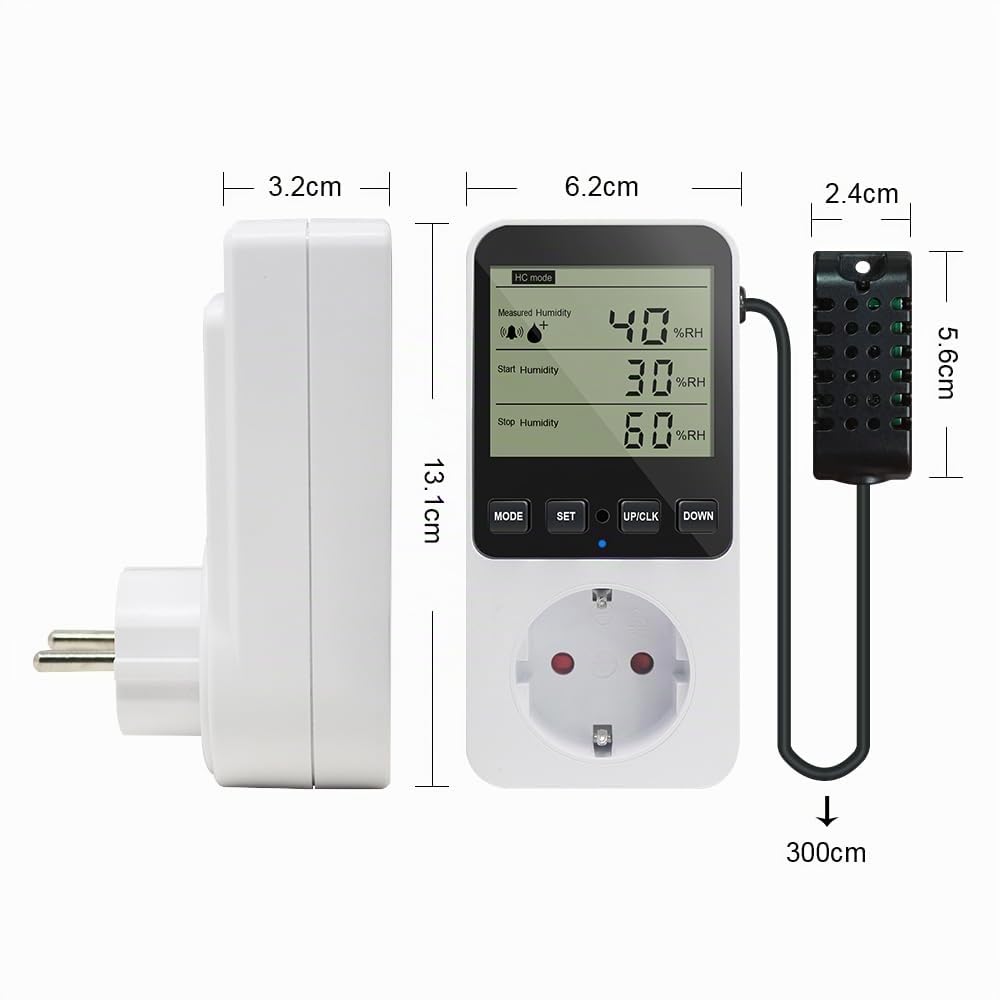 KETOTEK Controlador de Humedad/Temperatura, Humidistato Regulador Digital con Sonda, Higrostato Enchufe con Alarma para Incubadora Invernadero Humidificador Deshumidificador