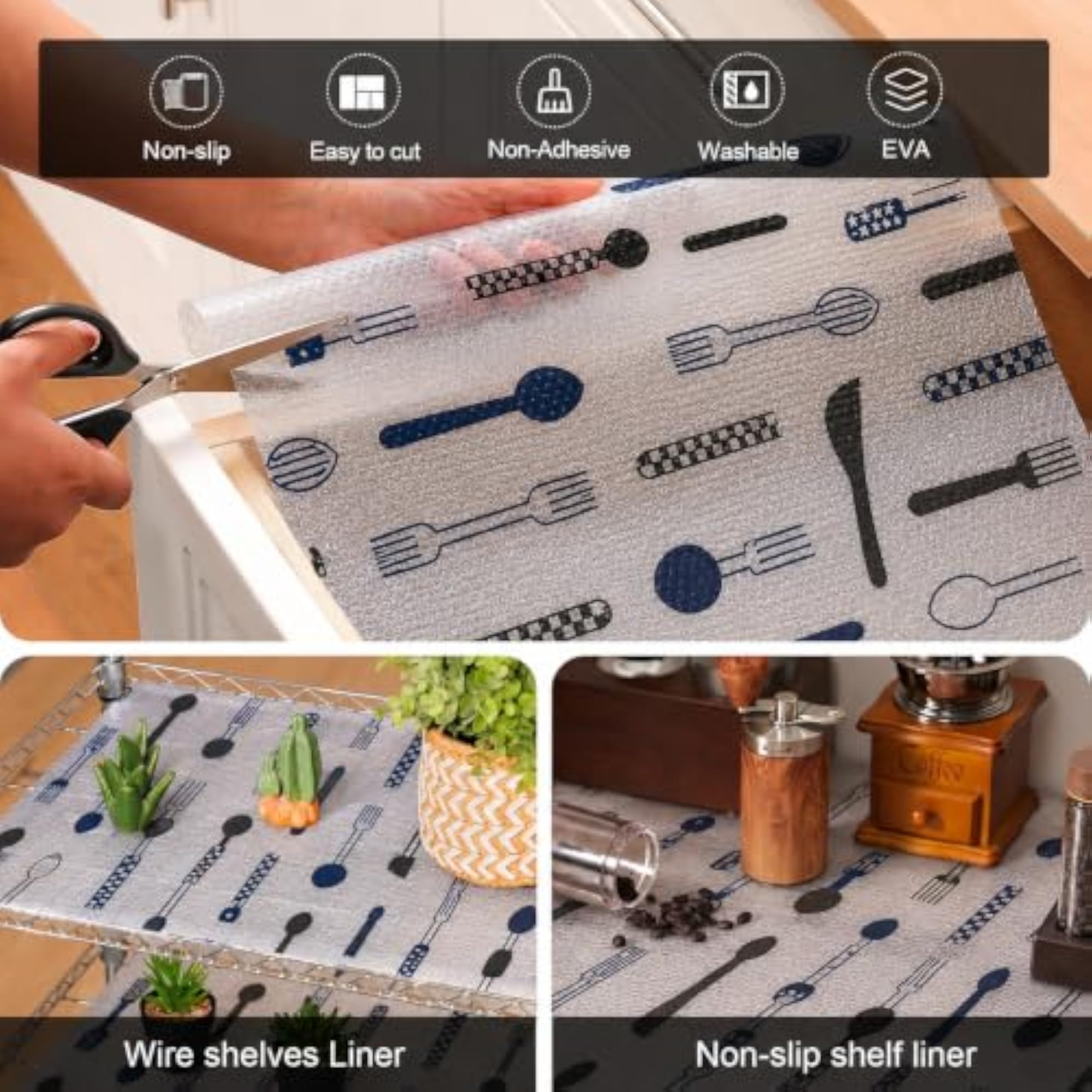 Kitchen Drawer Mat Blue Spoon Print 45 x 300 cm