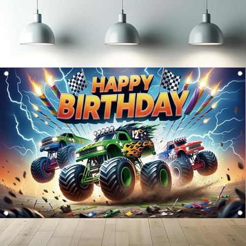 Image of Monster Truck Birthday Backdrop, 70.8x43.3 inches, Polyester, Multicolored, Birthday, Includes Truck-themed Backdrop with Four Grommets