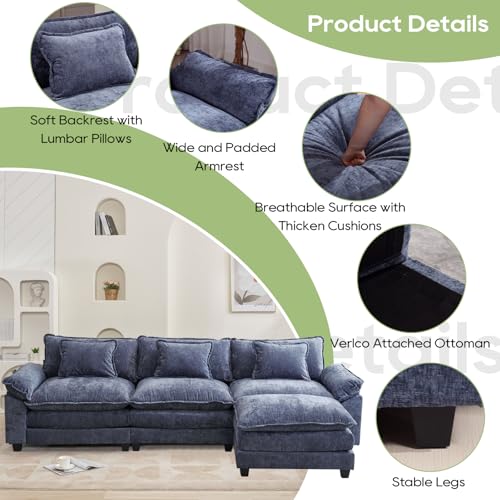 Image of Oprisen 120 inch Modular Sectional Sofa, Comfy Cloud Couch Sectional Sofa with Ottoman, Chenille Sofa Sleeper Deep Seat Sofa with Throw Pillows for Living Room (Blue, 120 inch- L Shape)