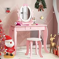 COSTWAY Kids Vanity Table with Stool & 360° Rotating Mirror, 2 in 1 Girls Makeup Dressing Tables, Wooden Children Study Desk and Chair Set