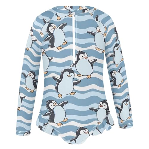 Cartoon Penguin Dancing Wave Girls Long Sleeve Swimsuit Rash Guard One Piece Bathing Suits Zipper 3-12T2