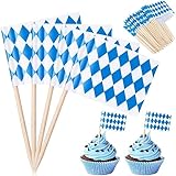 300 Pack Oktoberfest Picks Bavarian Flag Check Cupcake Topper Blue Diamonds Bavarian Flags Toothpick for German Oktoberfest Themed Party Decorations (2.56 x 1.38 Inches)