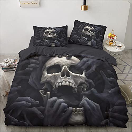 Lolybay 3D Skull Theme Bedding Set,Halloween Decor Black Skull Skeleton Pattern Luxury Soft Duvet Cover Set,Floral Skull Pattern Comforter Cover With 2 Pillowcases (B,Queen) #TOP3