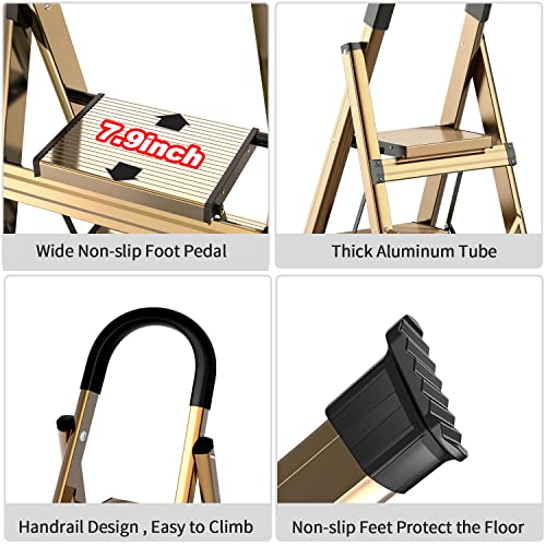 Image of SOLADDER 5 Step Ladder, Folding Step Stool for 10 Foot High Ceiling with Handgrip and Anti-Slip Wide Pedal, Portable Lightweight Aluminum Stepladder for Home, Office (300 lbs Capacity) - Brown Gold