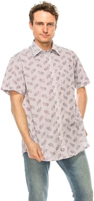 Mens Short Sleeve Paisley with Vertical Stripe Printed Dress Shirts Left Chest Pocket