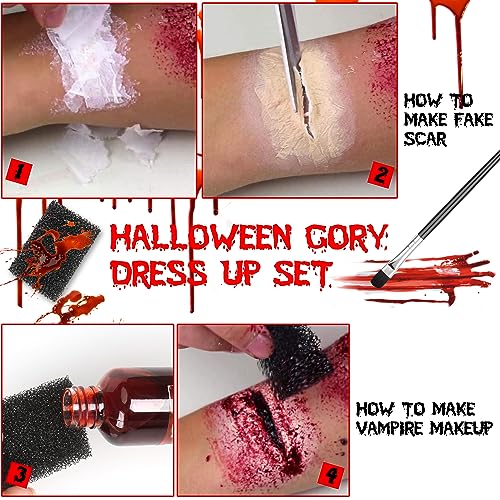 Kunstblut Halloween, 58ml Künstliches Frisches Blut, 48ml dunkelrotes Theaterblut, 28ml Flüssiges Latex, Make-up Pinsel und Schwamm… – Ansicht 4