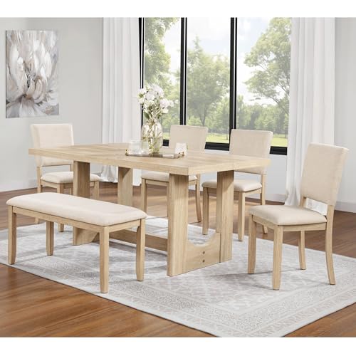 Image of KEIKI 6-Piece Standard Height Dining Table Set with Rectangular Table, 4 Upholstered Curved Backrset Chair, Bench, for 6 Person, Modern Table Set, Easy Assembly, for Kitchen, Dining Room, Beige