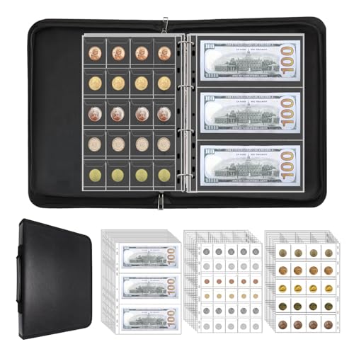 Coin Collection Supplies Holder for Collectors with Handle, Fireproof 400 Pockets Coin Collection Book & 36 Paper Money Organizer Binder for Coin Currency Collection Supplies,Pennies (Black)