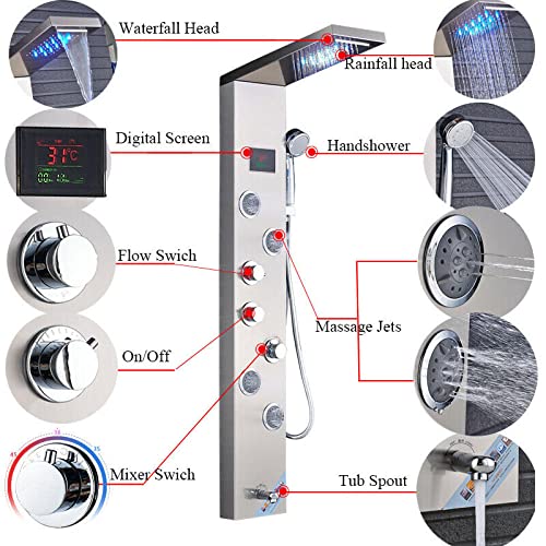 Columna de Ducha de Acero Inoxidable con Panel LED, Sistema de Ducha Cascada y Lluvia con 6 Funciones y Chorros miniatura 3