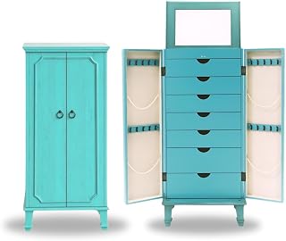 Hives & Honey Cabby Turquoise Standing Jewelry Armoire - Locking Wood Cabinet with Mirror, 7 Drawers, 20 Necklace Hooks & Anti-Tarnish Lining