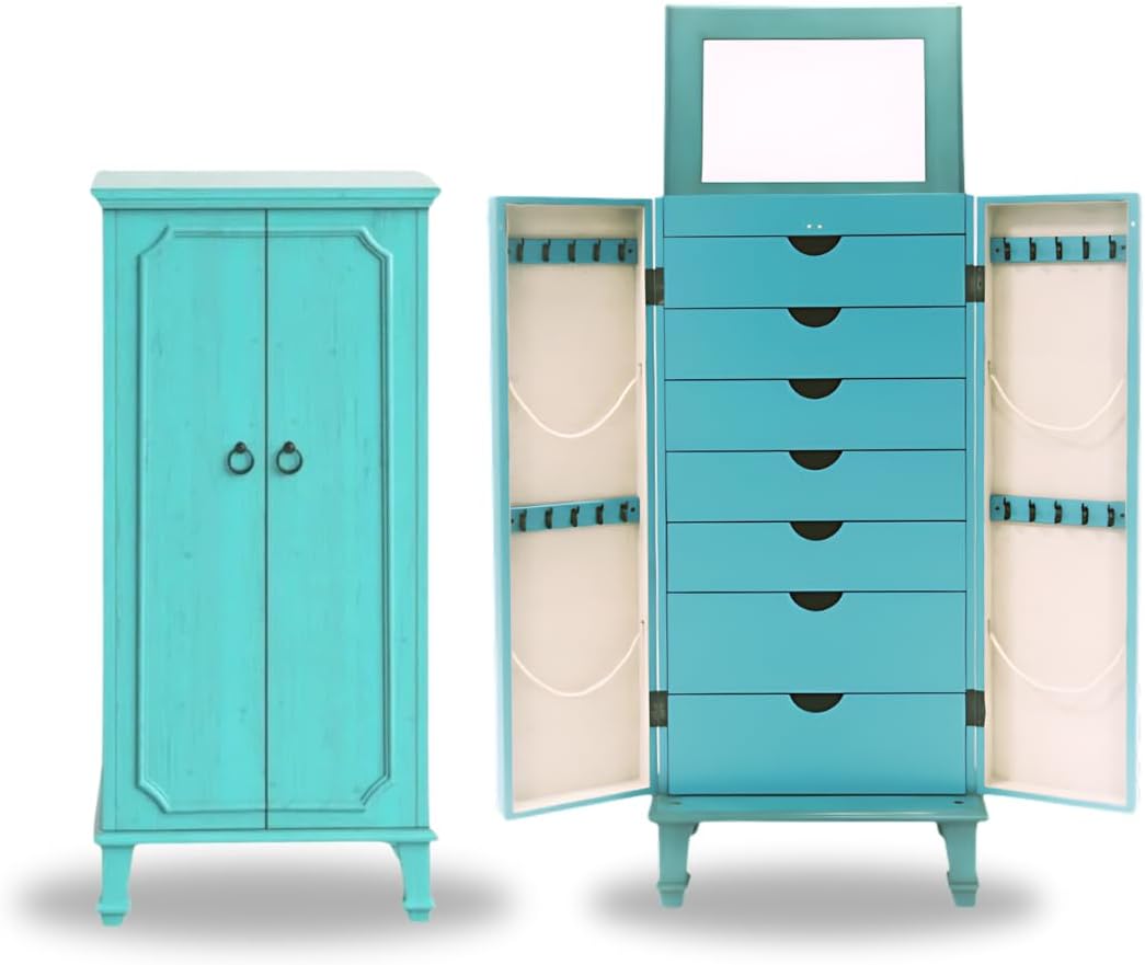 Hives and Honey Cabby Fully Locking Jewelry Armoire, 40" x 19" x 13.75", TURQUOISE