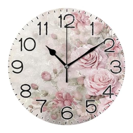 Pink Rose Flowers Wall Clock Battery Operated Non Ticking Silent Quartz Analog Rustic Farmhouse Round Clock Retro Decor for Home Kitchen Living Room Bathroom