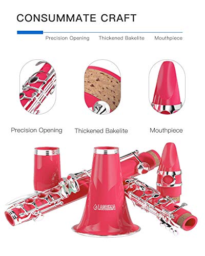 LAGRIMA B Flat Beginner Student Clarinet with 2 Barrels, Case, Stand,10 Reeds, Mouthpiece (Pink)