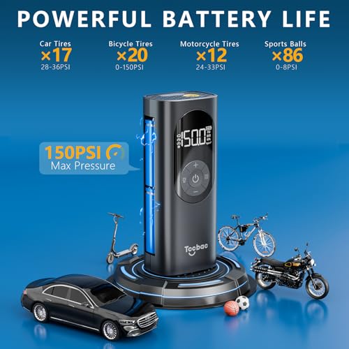 Image of Tire Inflator Portable Air Compressor for Car,Large motor 2X Fast,Tccbac Bike Pumps with 150 PSI High Pressure Gauge and LED Light,Tire Pump Auto Shut-Off Electric Air Pump for Car Ball Motorcycle