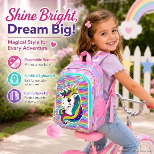 Image of CCJPX 3Pcs Unicorn Backpack for Girls, 16 inch Kids Sequin Bookbag with Lunch Box, Water Resistant Elementary School Bag for Kindergarten Preschool Toddler (Rainbow)