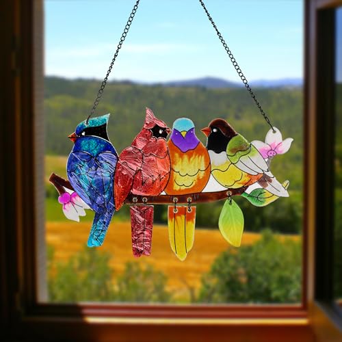 Image of DASTOLL Stained Glass Window Hanging, Birds on A Branch Stain Glass Suncatcher, Hand-Painted Sun Catchers Indoor Window Decoration Bird Lover Gift for Mom, Grandma, Stocking Stuffers for Women