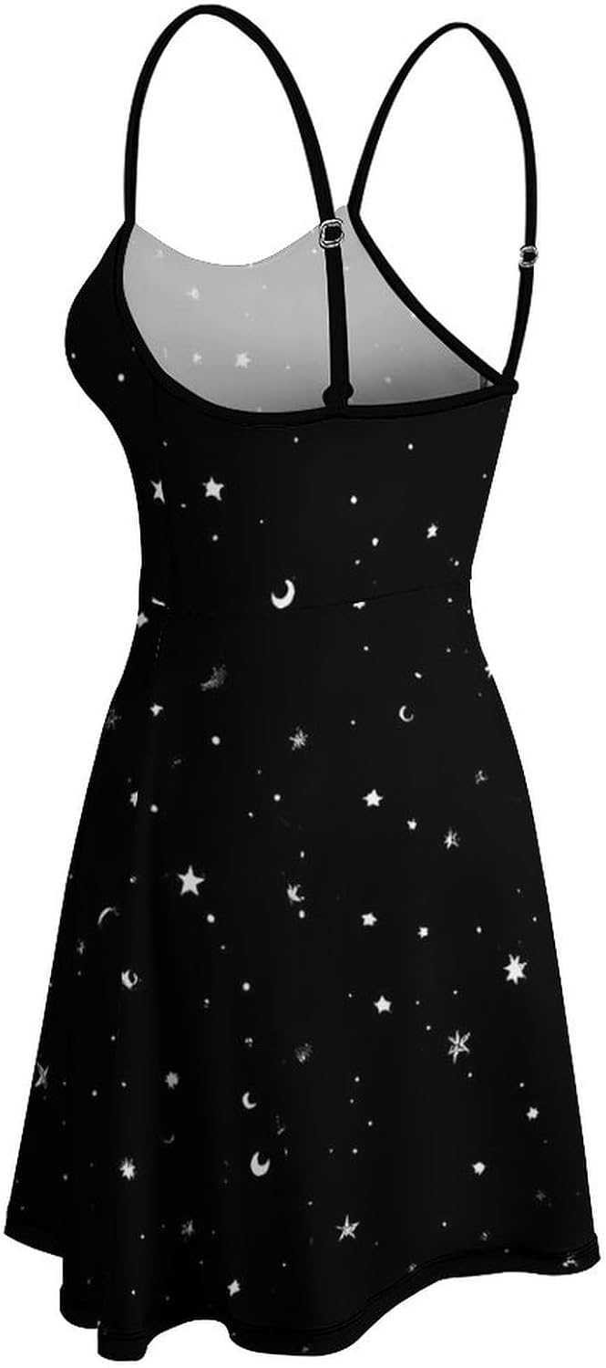 Black Universe Short Cami Dress for Women Adjustable Spaghetti Strap Flowy Sundress Beach Vacation