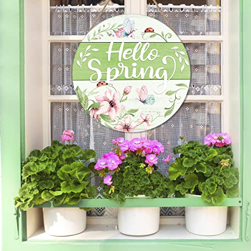 Lhiuem Hello Spring Wooden Hanging Sign Porch Decor,Flowers Butterfly Welcome Sign For Front Door,Botanical Floral Wall Art,Spring Decorations For Home Garden Office Indoor Outdoor,12X12 Inches #TOP2