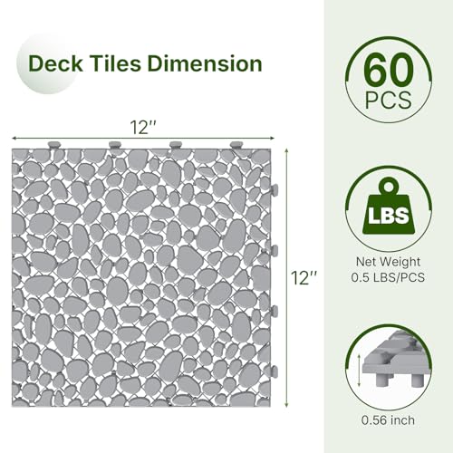 Rovibek 60PCS Plastic Interlocking Deck Tiles, 12\"x12\" Plastic Deck Tiles Outdoor All Weather, Non-Slip Drainage Plastic Floor Tiles, Waterproof Tile for Patio Bathroom Balcony Backyard, Pebble Gray