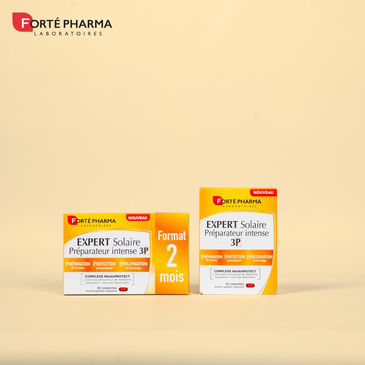 Forté Pharma - Expert Solaire Préparateur Intense 3P - Complement alimentaire bronzage 3en1 - Préparateur solaire Protège Prolonge - Sélénium, L-tyrosine, Caroténoïdes, Cuivre - 60 comprimés, 1/jour