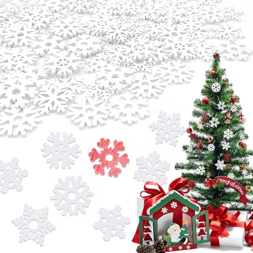 100 Piezas Copos de Nieve Decoración Navidad, 30mm 35mm Blancos de Madera Colgantes para Árbol de Navidad, Adornos y Manualidades